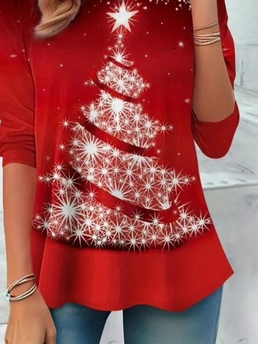 Women Christmas Long Sleeve Tee T-shirt Crew Neck Casual Spring/Fall Tunic Top