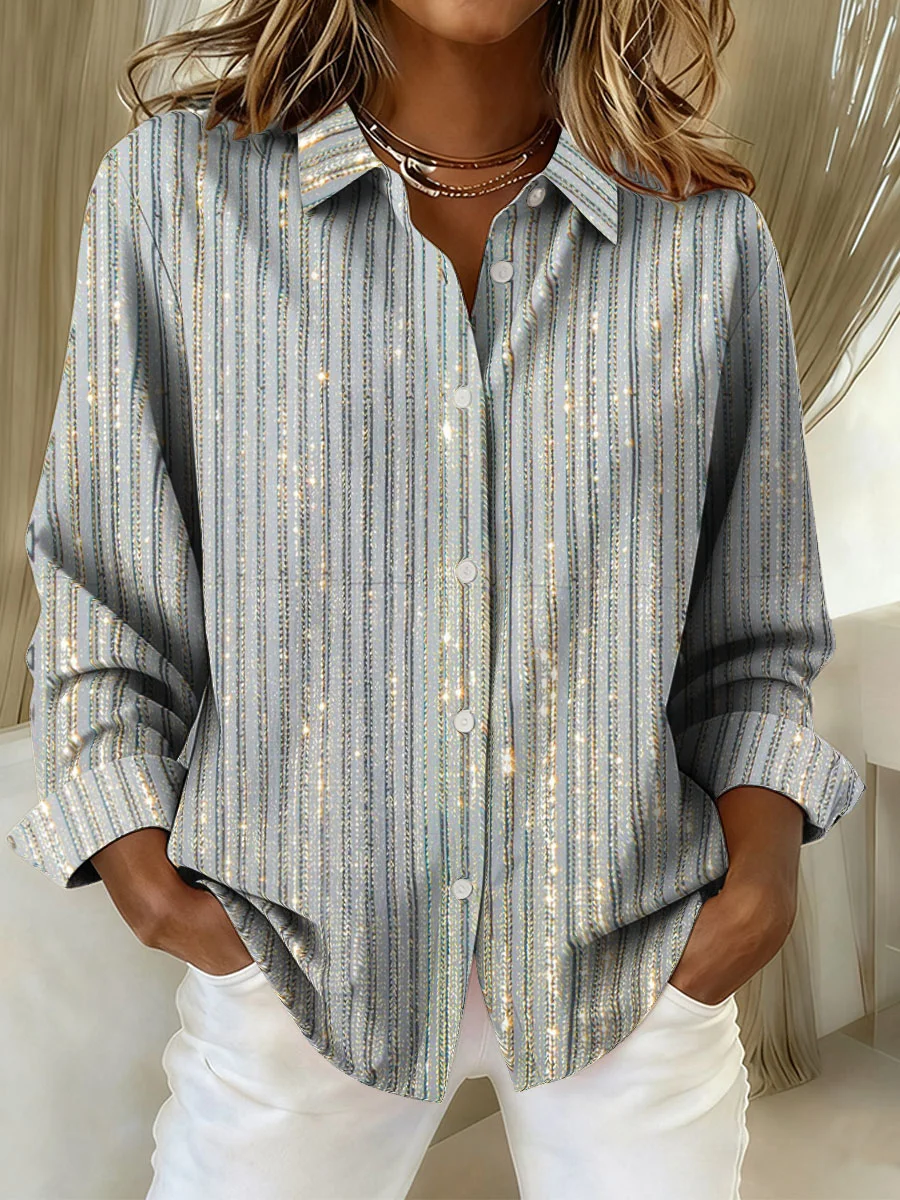 Women Striped Long Sleeve Shirt Spring/Fall Buckle Shirt Collar Regular Sleeve Daily Casual Top