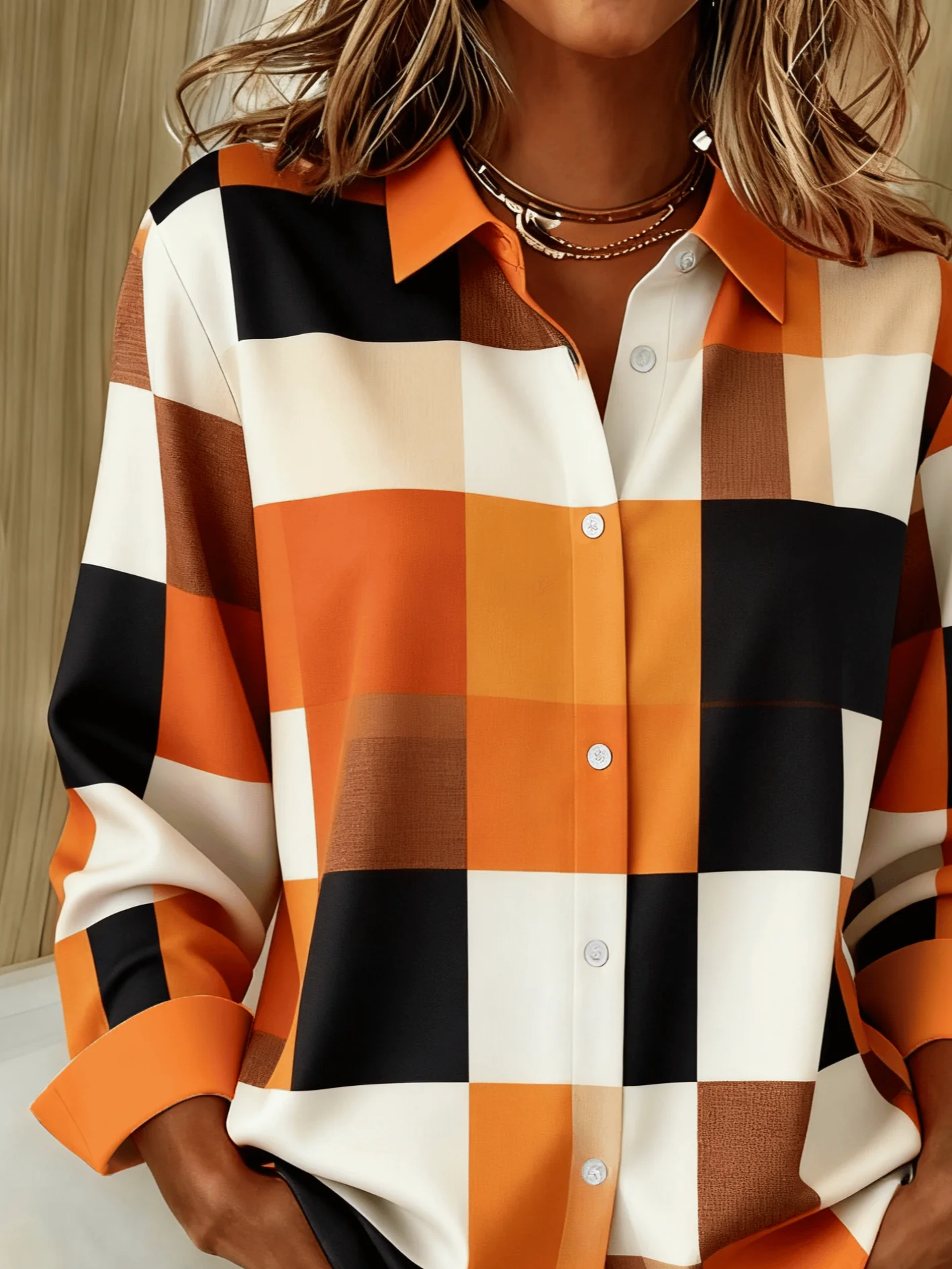 Women Abstract Long Sleeve Shirt Spring/Fall Buckle Shirt Collar Regular Sleeve Daily Casual Top
