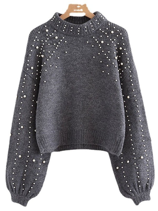 Women Plain Beaded Winter Street Balloon Sleeve Long Sleeve Mock Neck Cotton-Blend Sweater