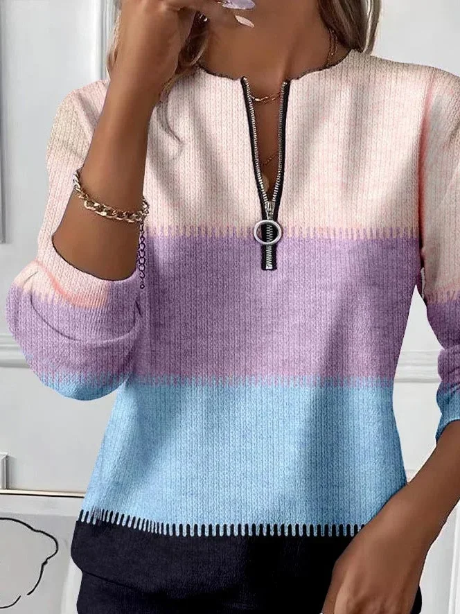 Women Multicolor Block Crew Neck Printing Casual Spring/Fall Long Sleeve Sweatshirt