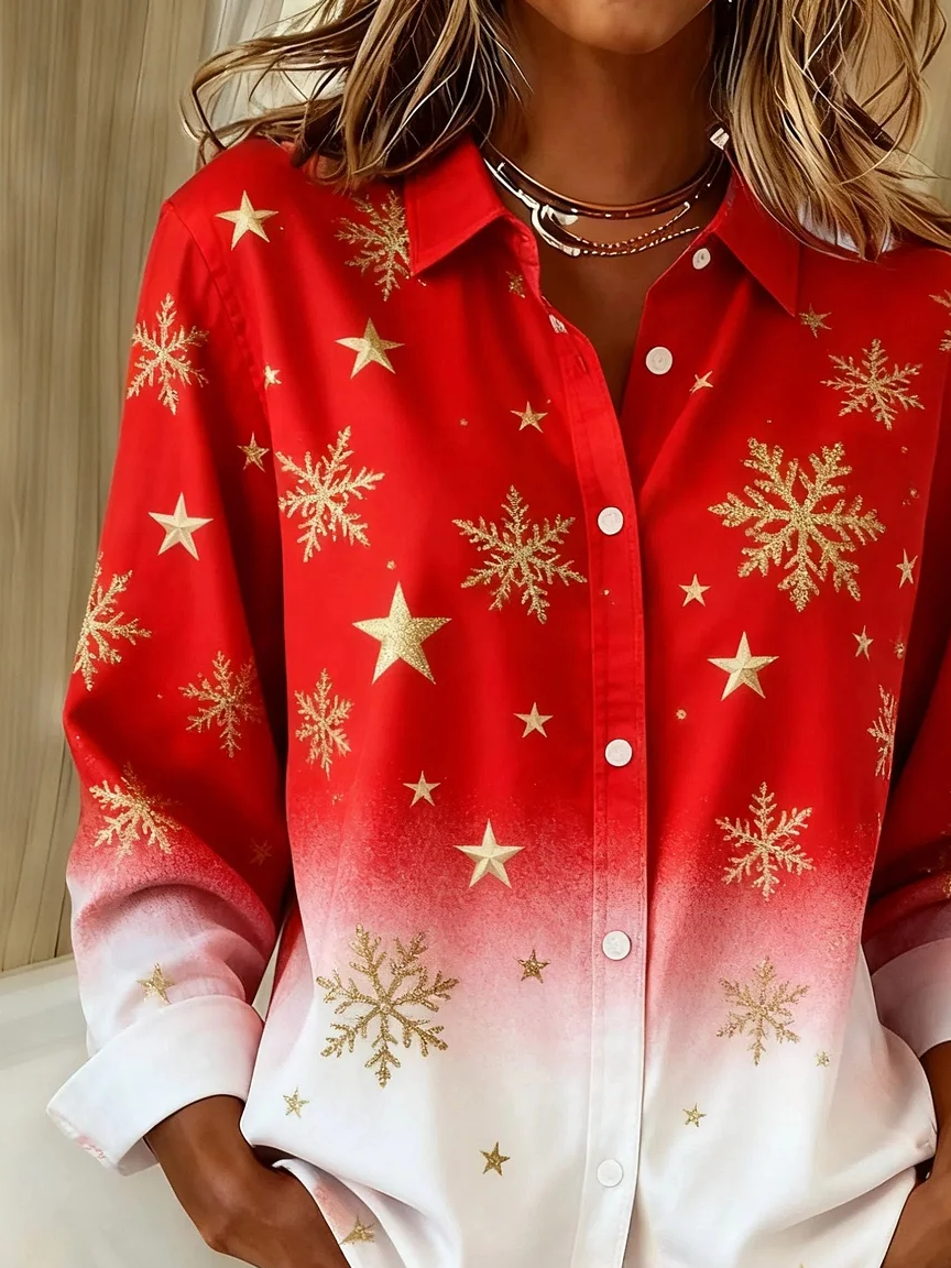 Women Christmas Long Sleeve Shirt Spring/Fall Buckle Shirt Collar Regular Sleeve Daily Casual Top