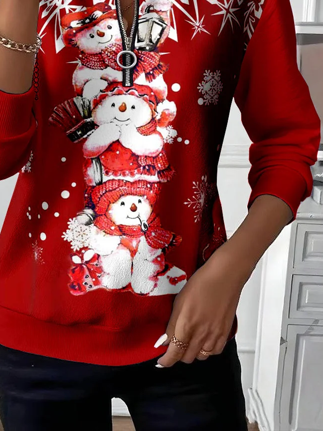 Women Christmas Snowman Crew Neck Printing Casual Spring/Fall Long Sleeve Sweatshirt