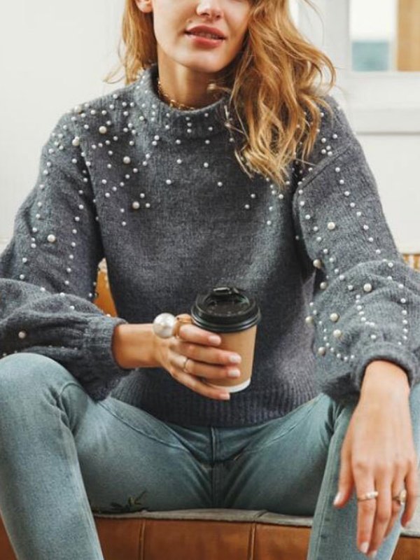 Women Plain Beaded Winter Street Balloon Sleeve Long Sleeve Mock Neck Cotton-Blend Sweater