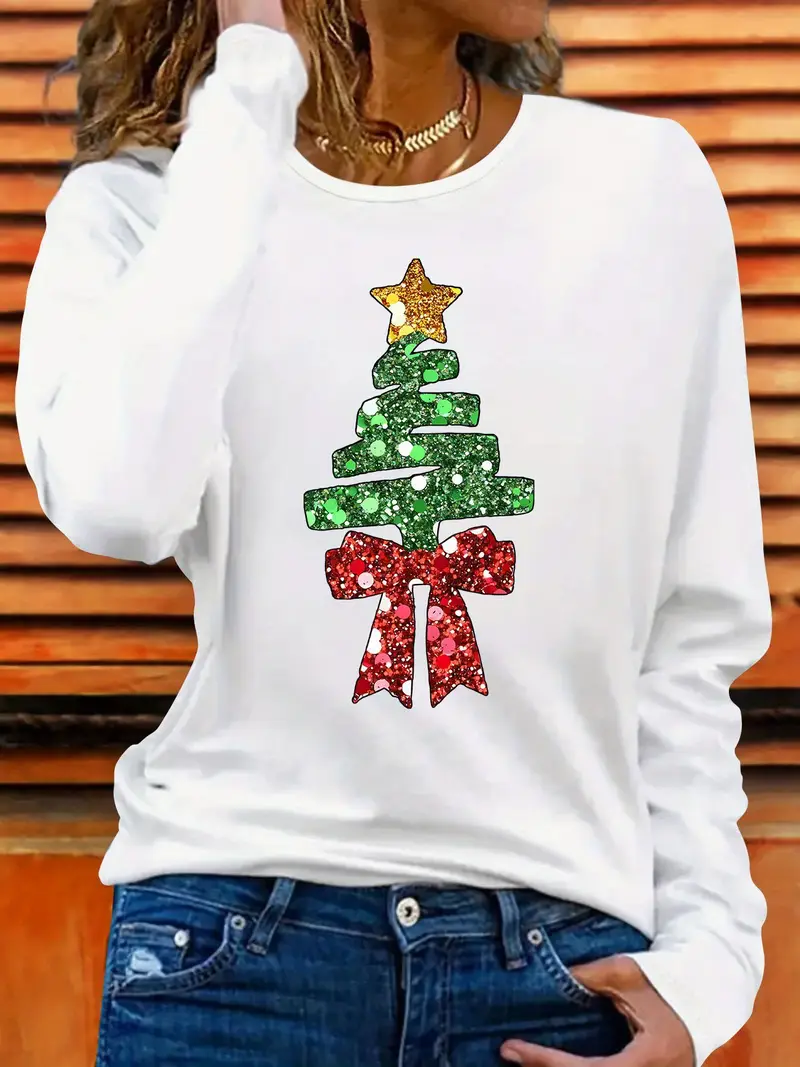 Women Christmas Long Sleeve Tee T-shirt Crew Neck Printing Casual Spring/Fall Graphic Tee Top