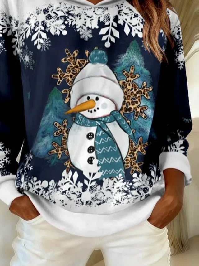 Women Christmas Snowman Spring/Fall Printing Long Sleeve Casual Daily Hoodie