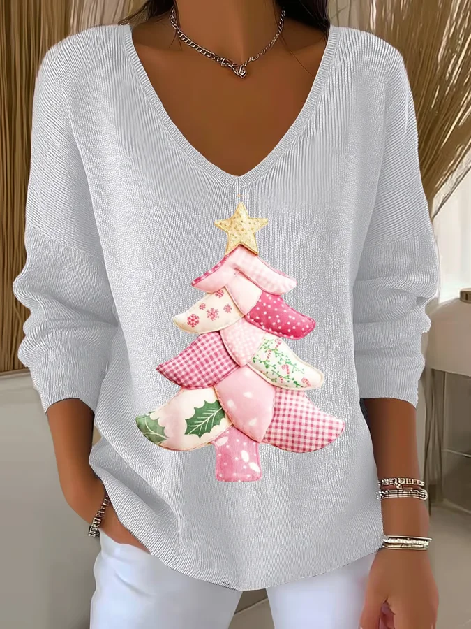 Women Christmas Long Sleeve Tee T-shirt V Neck Printing Casual Spring/Fall Top