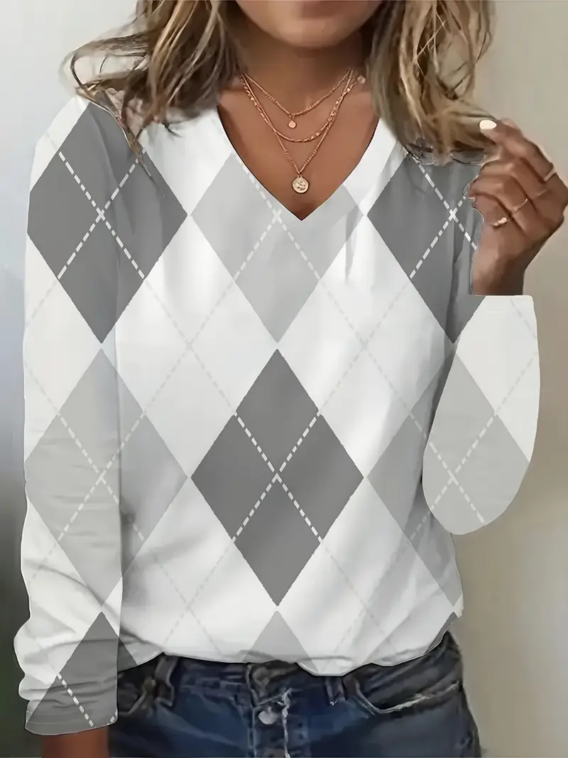 Women Plaid Long Sleeve Tee T-shirt V Neck Printing Casual Spring/Fall Graphic Tee Top