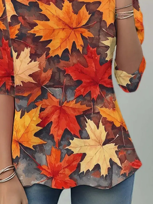 Women Maple Leaf Long Sleeve Tee T-shirt Crew Neck Casual Spring/Fall Tunic Top