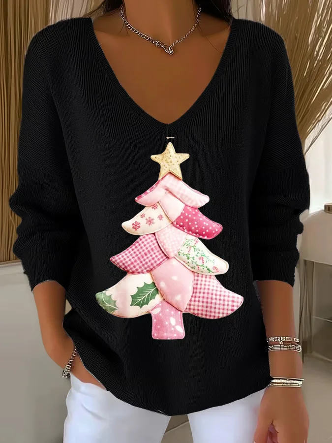 Women Christmas Long Sleeve Tee T-shirt V Neck Printing Casual Spring/Fall Top