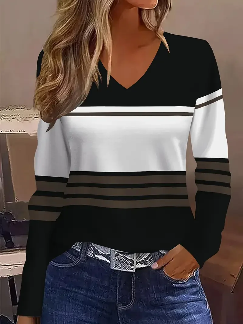 Women Striped Long Sleeve Tee T-shirt V Neck Printing Casual Spring/Fall Graphic Tee Top