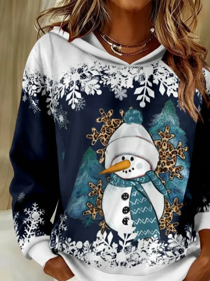 Women Christmas Snowman Spring/Fall Printing Long Sleeve Casual Daily Hoodie