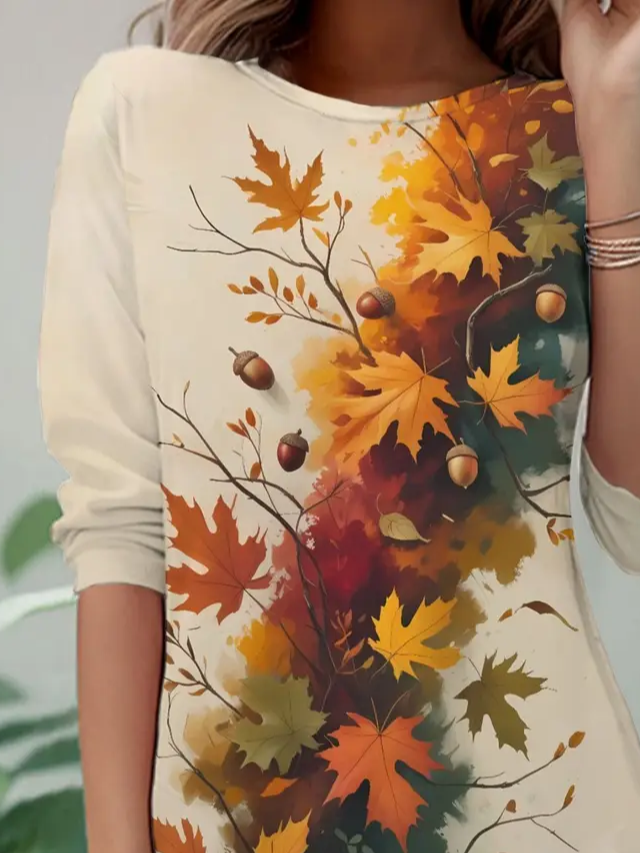 Women Maple Leaf Long Sleeve Tee T-shirt Crew Neck Casual Spring/Fall Tunic Top