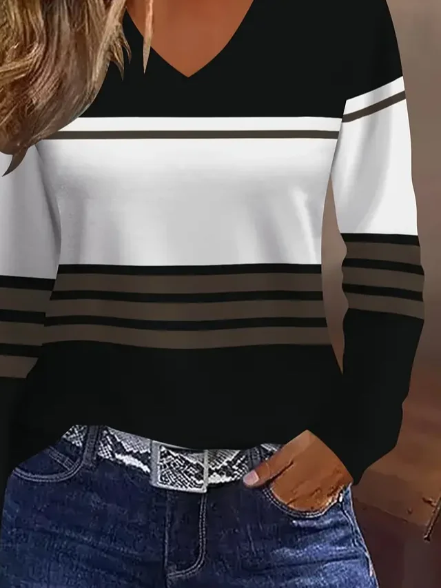 Women Striped Long Sleeve Tee T-shirt V Neck Printing Casual Spring/Fall Graphic Tee Top