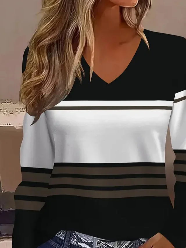 Women Striped Long Sleeve Tee T-shirt V Neck Printing Casual Spring/Fall Graphic Tee Top