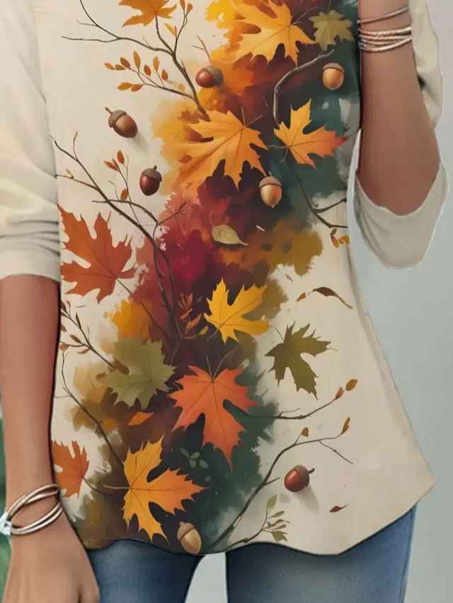 Women Maple Leaf Long Sleeve Tee T-shirt Crew Neck Casual Spring/Fall Tunic Top