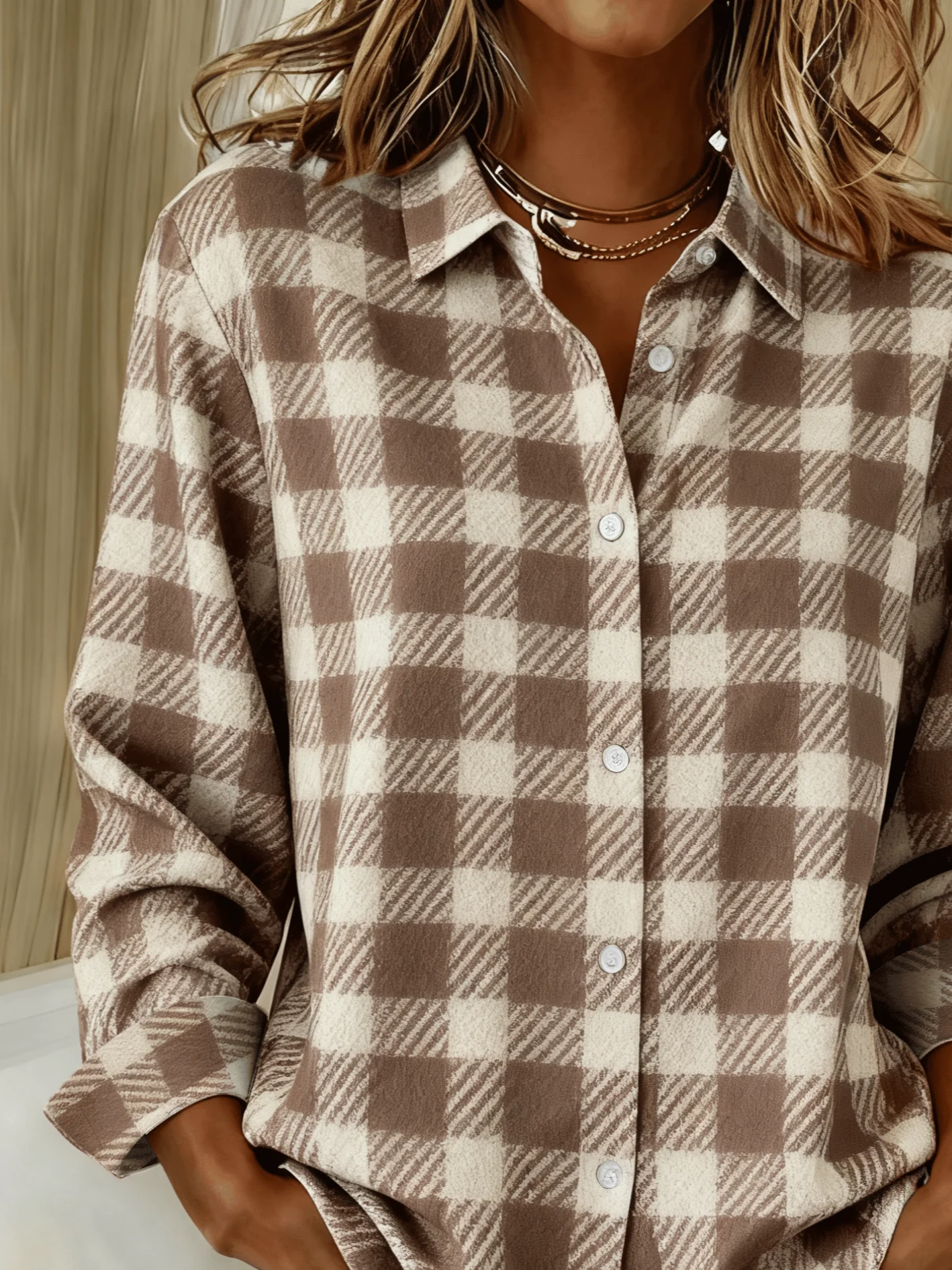 Women Plaid Long Sleeve Shirt Spring/Fall Buckle Shirt Collar Regular Sleeve Daily Casual Top