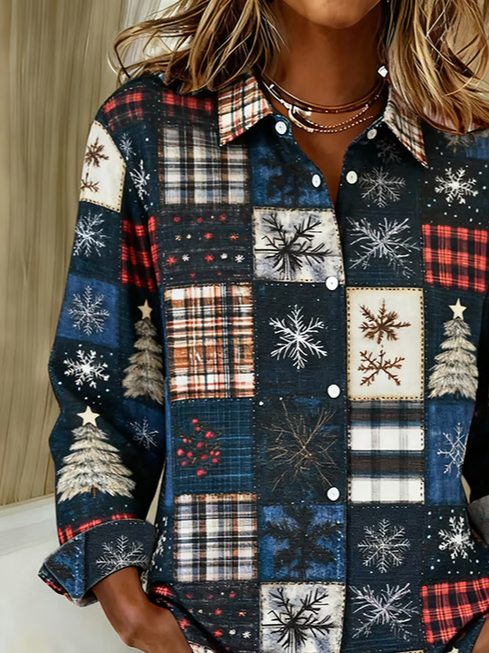 Women Christmas Long Sleeve Shirt Spring/Fall Buckle Shirt Collar Regular Sleeve Daily Casual Top