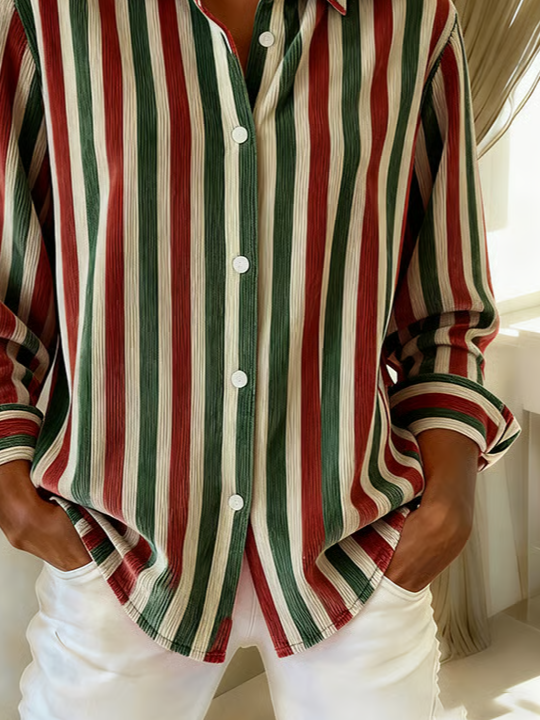 Women Striped Long Sleeve Shirt Spring/Fall Buckle Shirt Collar Regular Sleeve Daily Casual Top