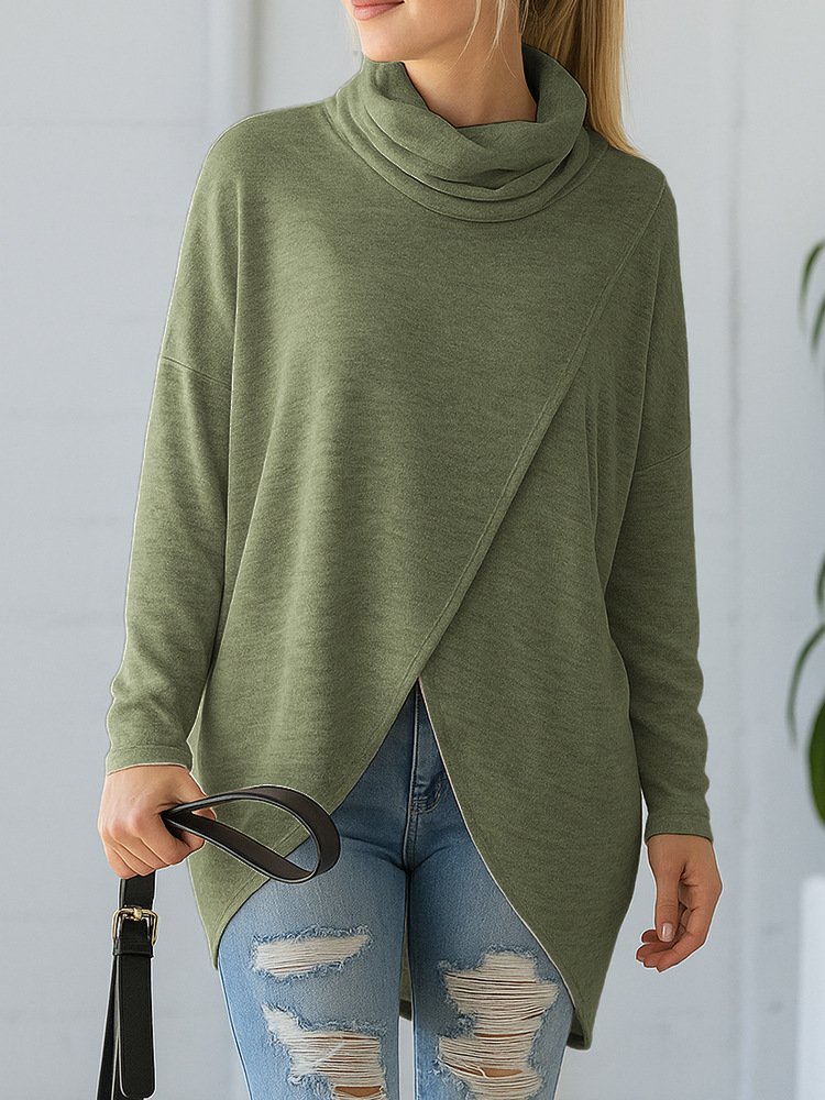 Women Plain Long Sleeve Tee T-shirt Mock Neck Asymmetric Casual Spring/Fall Top