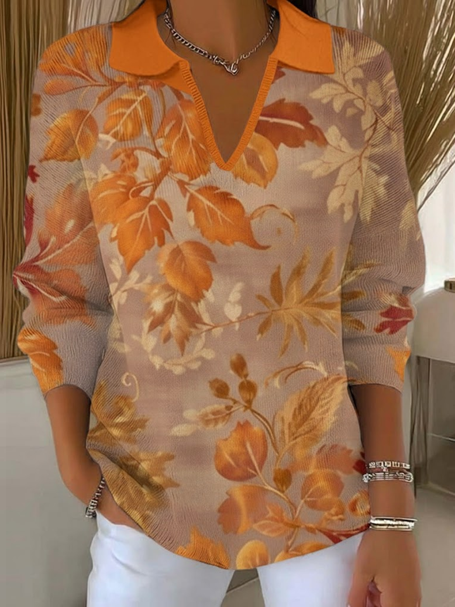 Women Maple Leaf Printing Spring/Fall Casual Long Sleeve Shawl Collar Sweater