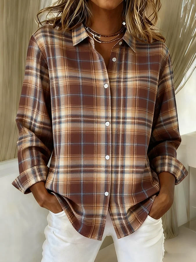 Women Plaid Long Sleeve Shirt Spring/Fall Buckle Shirt Collar Regular Sleeve Daily Casual Top