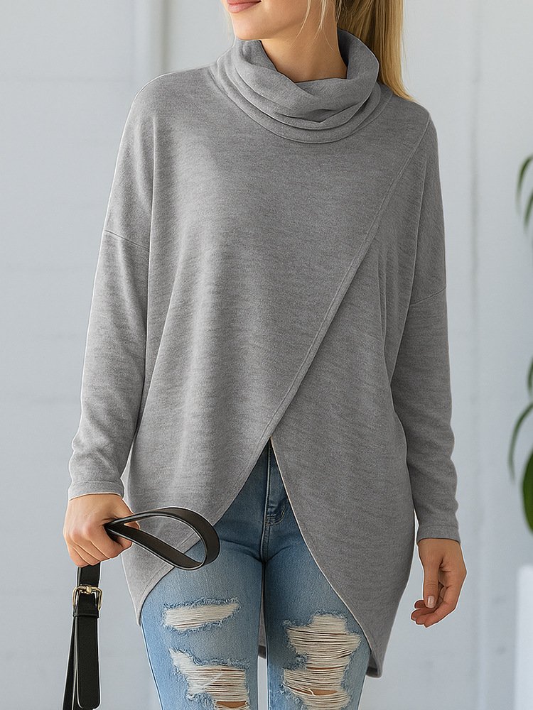 Women Plain Long Sleeve Tee T-shirt Mock Neck Asymmetric Casual Spring/Fall Top