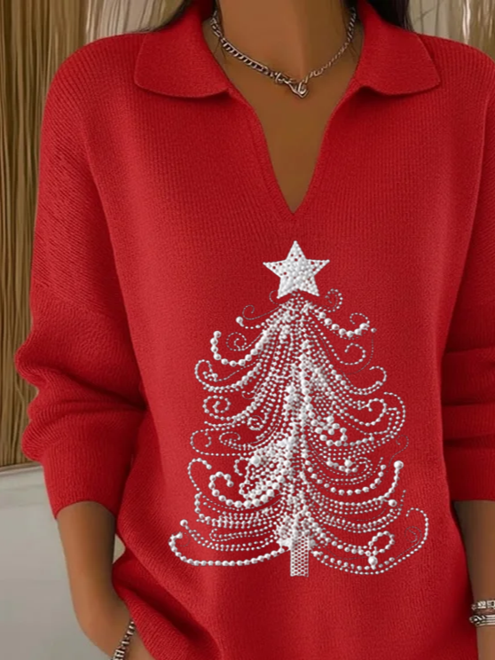 Women Christmas Printing Spring/Fall Casual Long Sleeve Shawl Collar Sweater