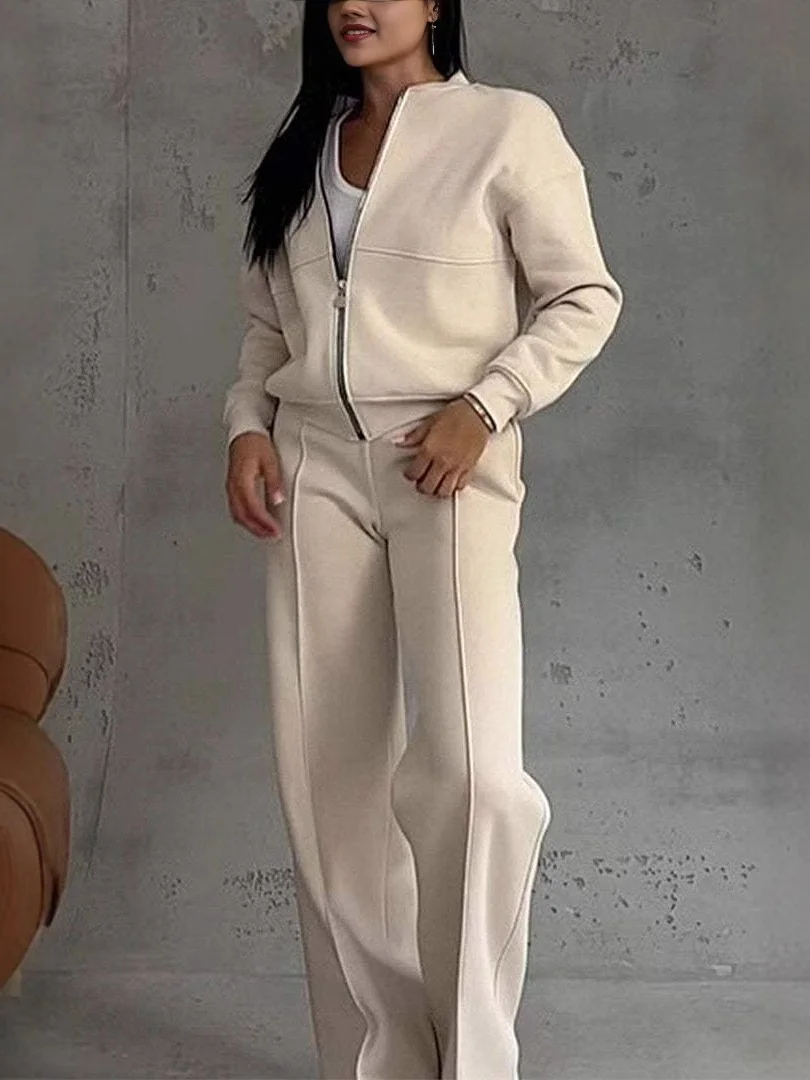 Women Plain Split Joint Two-Piece Set Daily Long Sleeve Casual Spring/Fall Top With Pants Matching Set