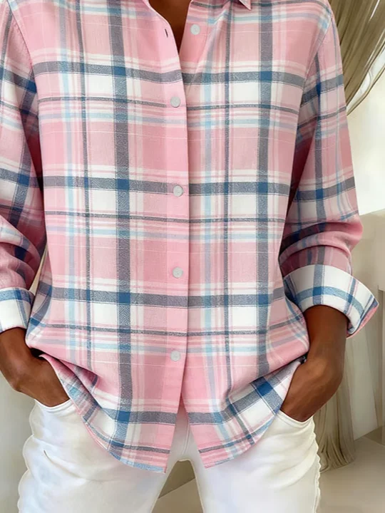 Women Plaid Long Sleeve Shirt Spring/Fall Buckle Shirt Collar Regular Sleeve Daily Casual Top