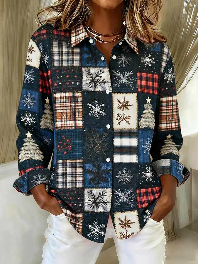 Women Christmas Long Sleeve Shirt Spring/Fall Buckle Shirt Collar Regular Sleeve Daily Casual Top
