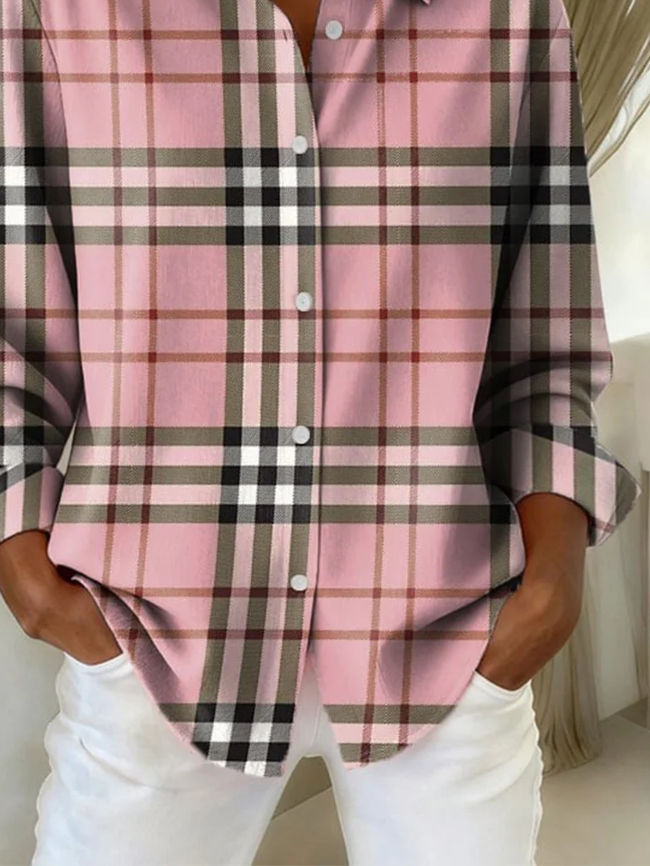 Women Plaid Long Sleeve Shirt Spring/Fall Buckle Shirt Collar Regular Sleeve Daily Casual Top