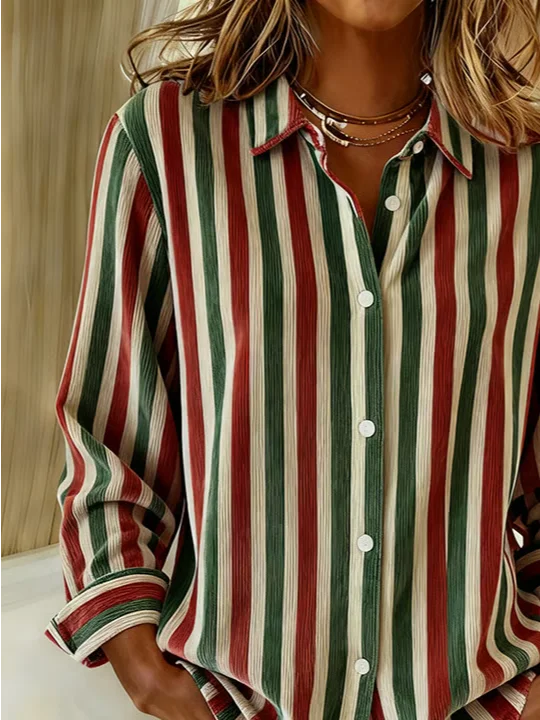 Women Striped Long Sleeve Shirt Spring/Fall Buckle Shirt Collar Regular Sleeve Daily Casual Top