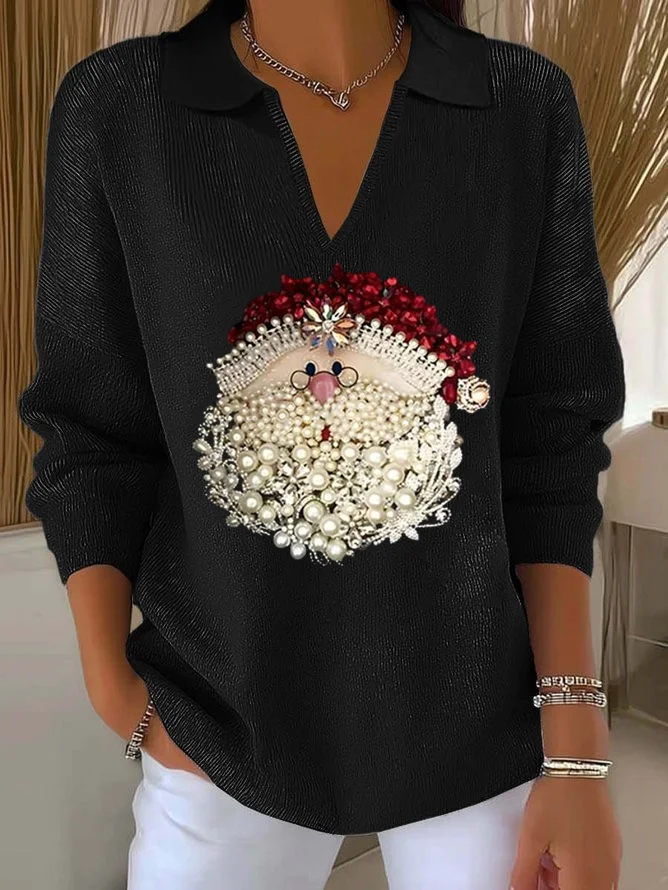 Women Santa Claus Printing Spring/Fall Casual Long Sleeve Shawl Collar Sweater