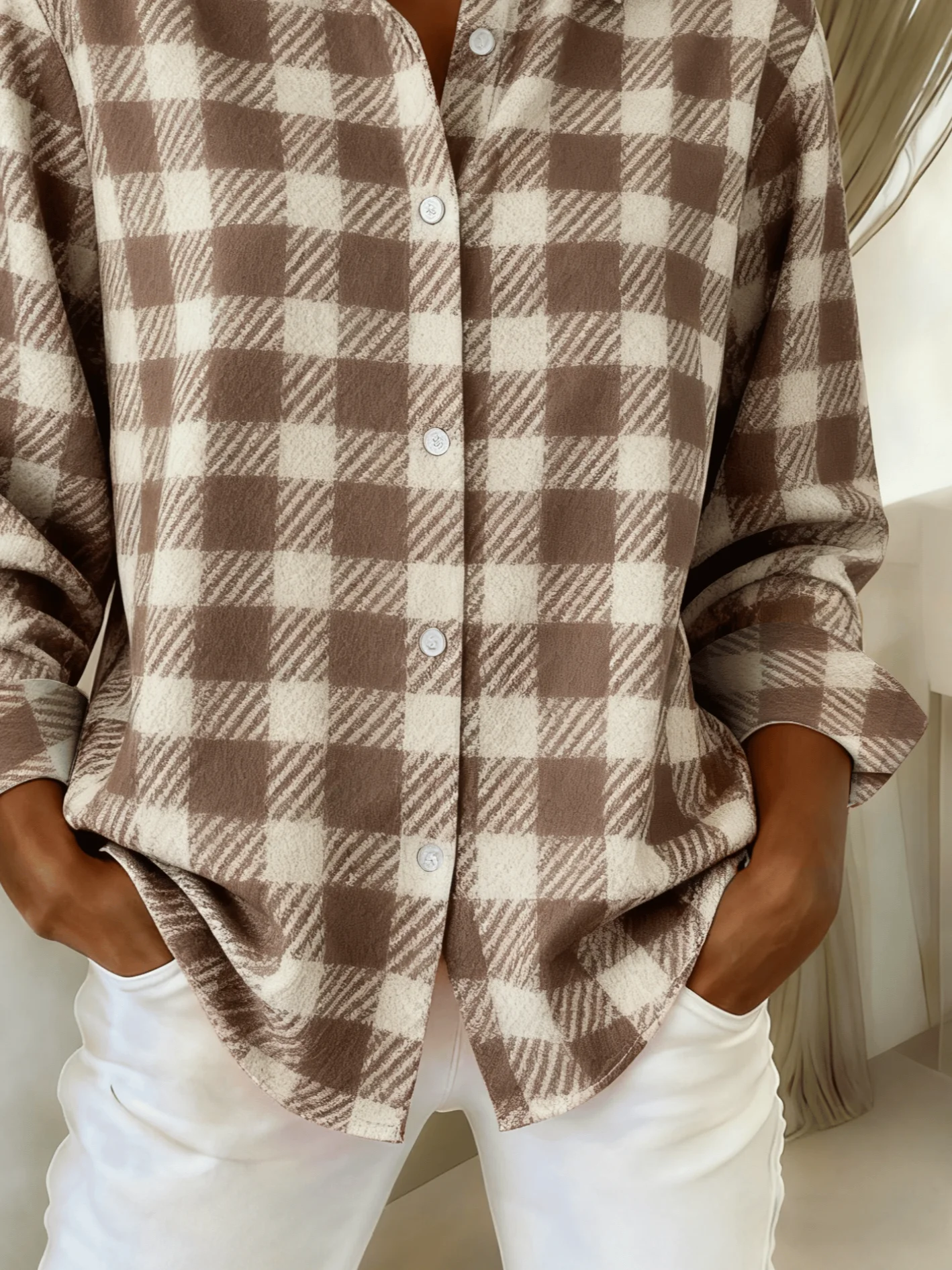 Women Plaid Long Sleeve Shirt Spring/Fall Buckle Shirt Collar Regular Sleeve Daily Casual Top