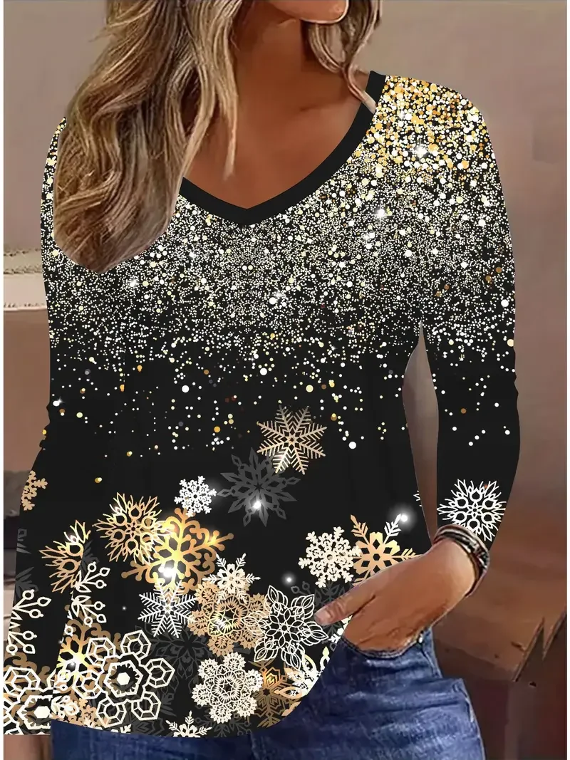 Women Christmas Long Sleeve Tee T-shirt V Neck Printing Casual Spring/Fall Graphic Tee Top