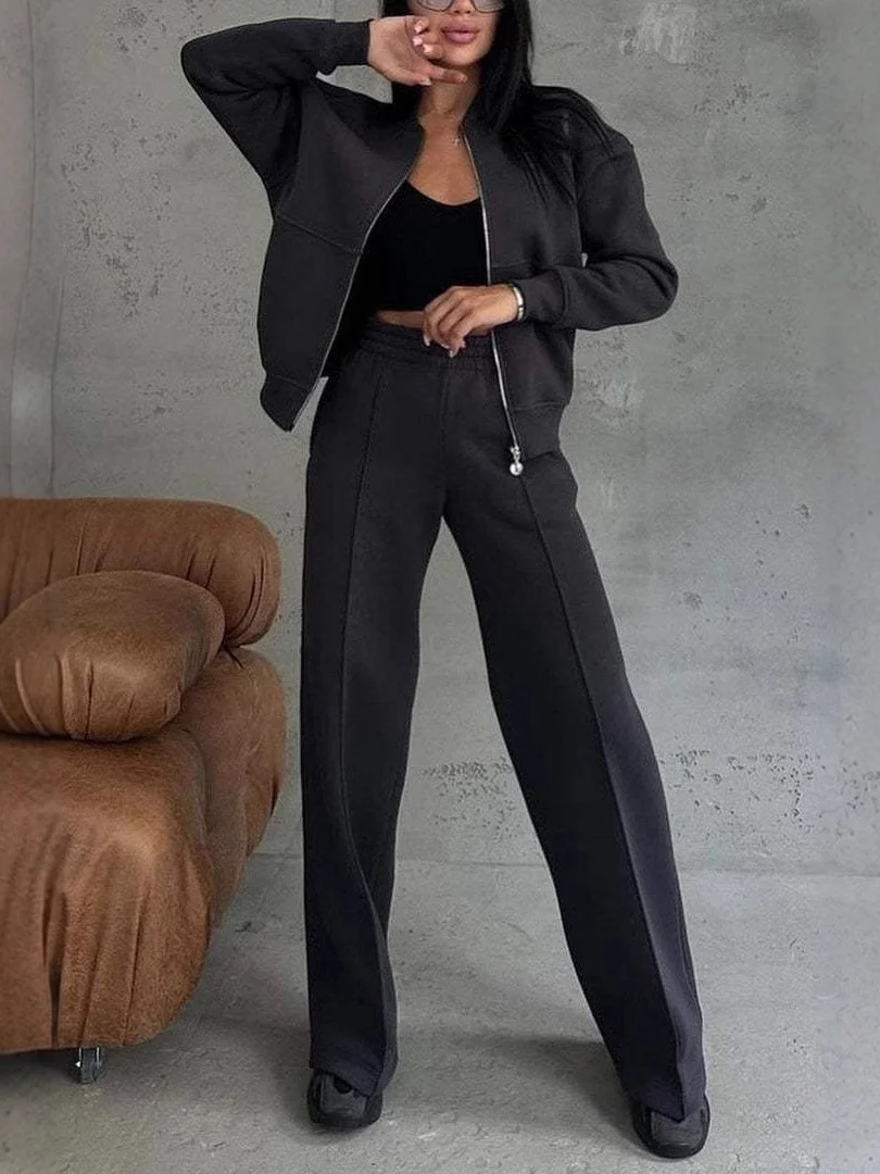 Women Plain Split Joint Two-Piece Set Daily Long Sleeve Casual Spring/Fall Top With Pants Matching Set