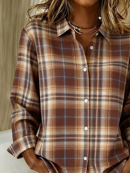 Women Plaid Long Sleeve Shirt Spring/Fall Buckle Shirt Collar Regular Sleeve Daily Casual Top