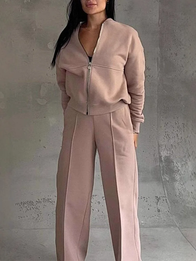 Women Plain Split Joint Two-Piece Set Daily Long Sleeve Casual Spring/Fall Top With Pants Matching Set