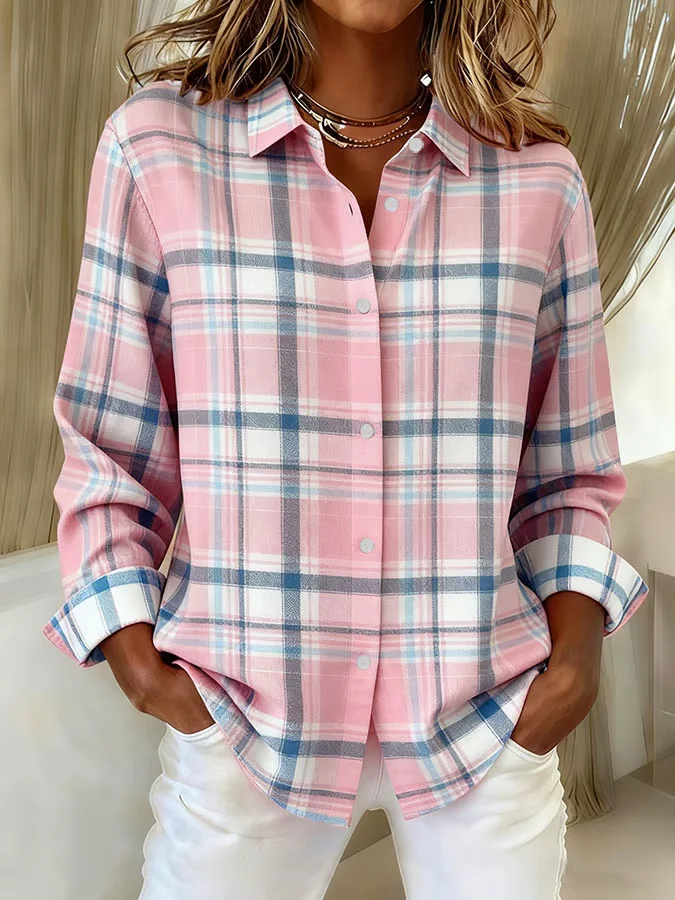 Women Plaid Long Sleeve Shirt Spring/Fall Buckle Shirt Collar Regular Sleeve Daily Casual Top