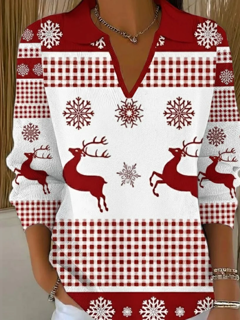 Women Christmas Printing Spring/Fall Casual Long Sleeve Shawl Collar Sweater