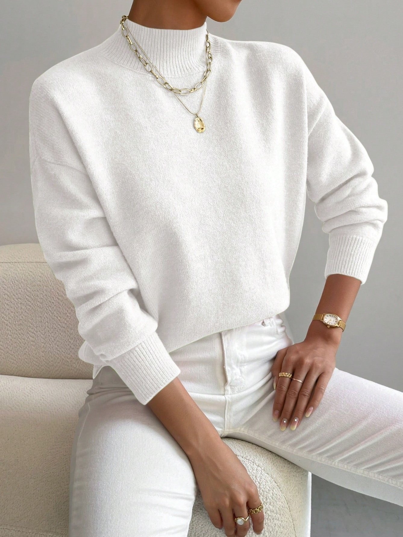 Women Plain Split Joint Winter Street Long Sleeve Mock Neck Sweater