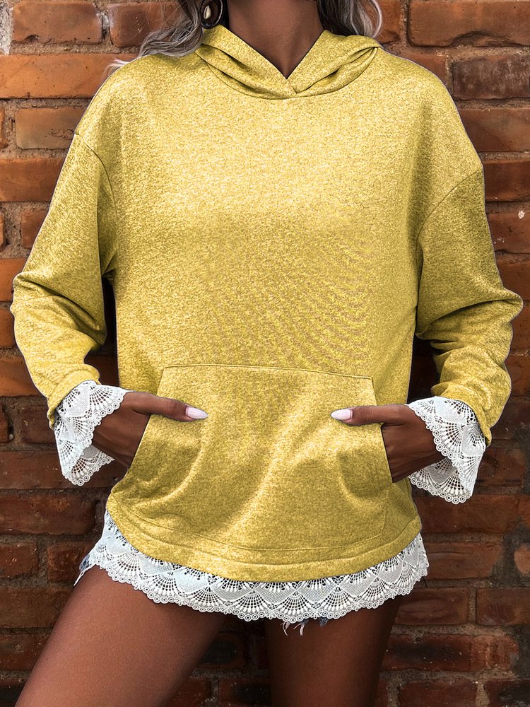 Women Plain Hoodie Split Joint Vintage Spring/Fall Long Sleeve Sweatshirt