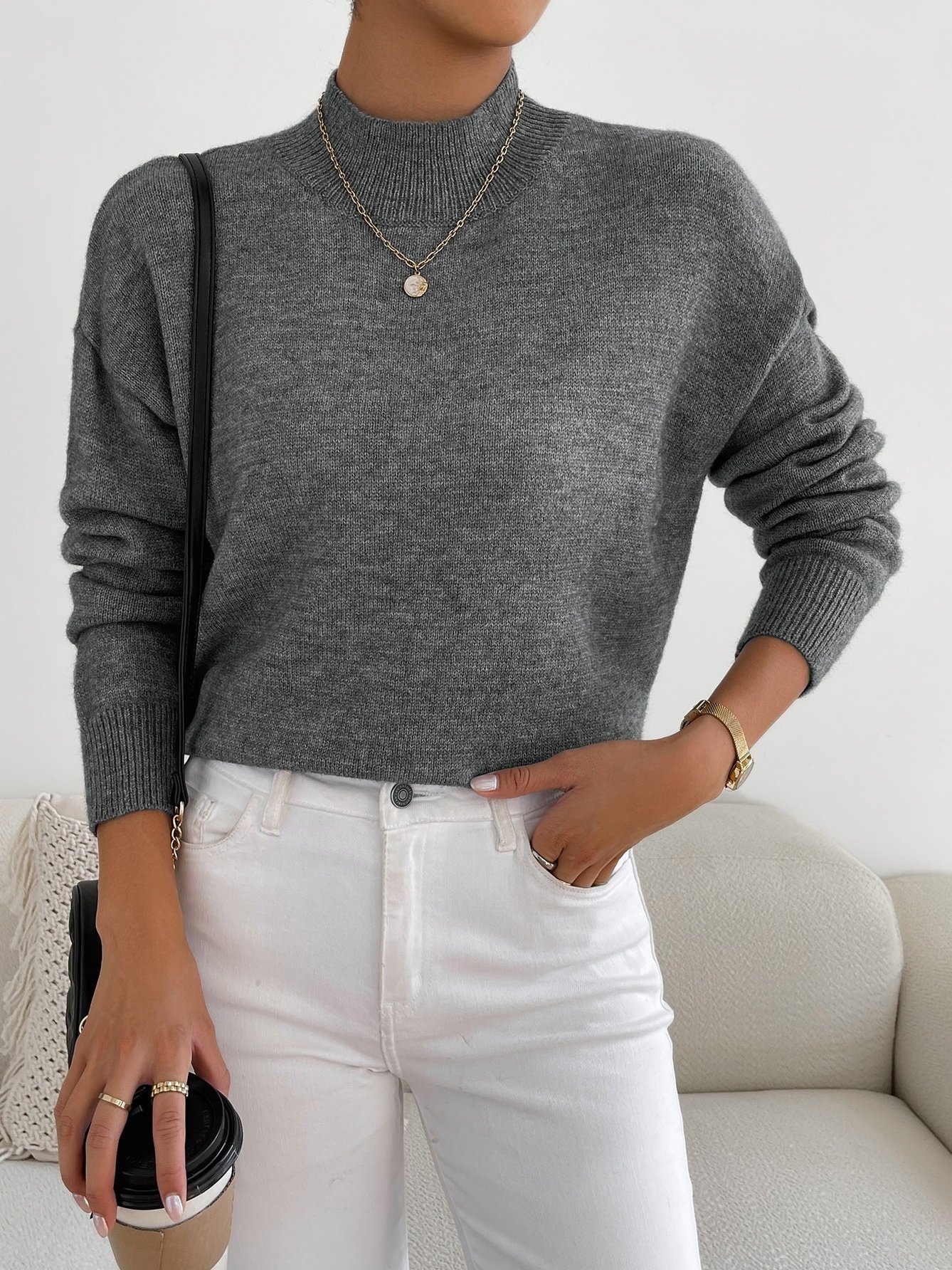 Women Plain Split Joint Winter Street Long Sleeve Mock Neck Sweater