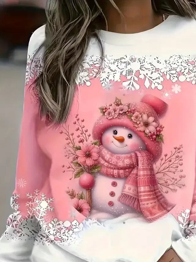 Women Christmas Snowman Long Sleeve Tee T-shirt Crew Neck Printing Casual Spring/Fall Graphic Tee Top