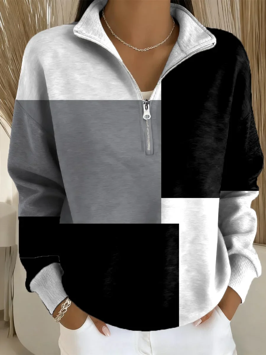 Women Multicolor Block Shawl Collar Printing Casual Spring/Fall Long Sleeve Sweatshirt