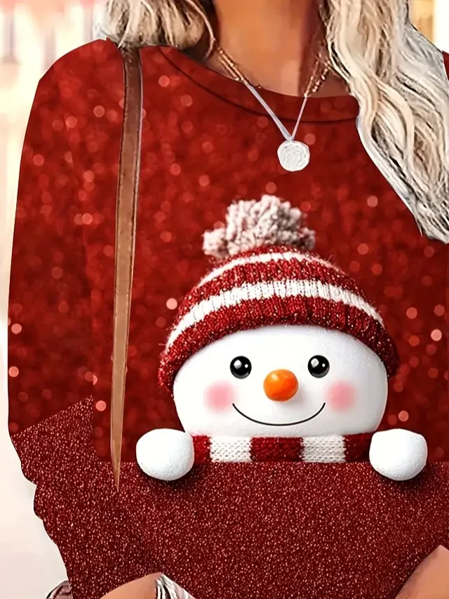 Women Christmas Snowman Long Sleeve Tee T-shirt Crew Neck Printing Casual Spring/Fall Graphic Tee Top