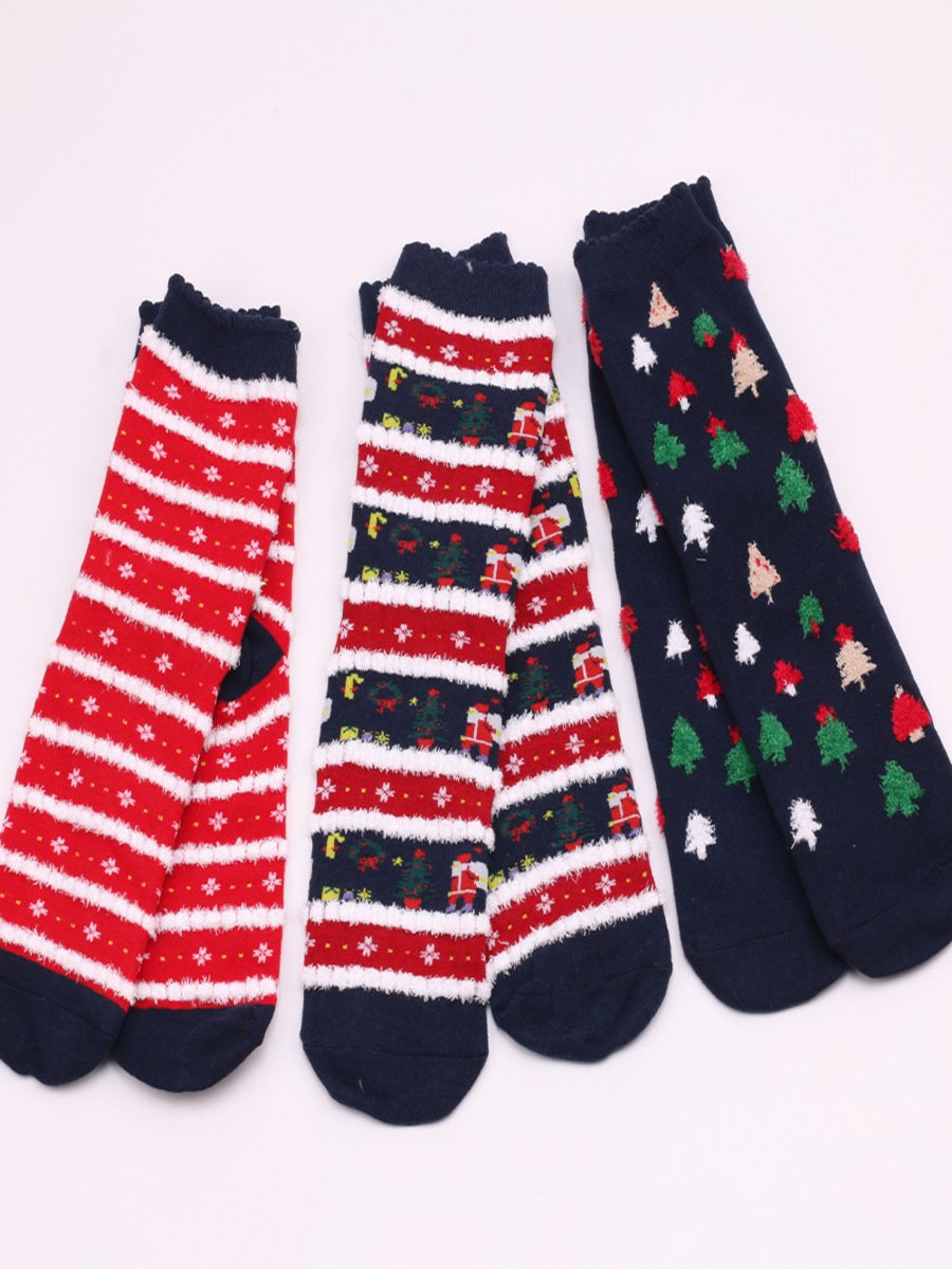 Women's Christmas Socks Autumn And Winter Fur Socks Santa Claus Elk Christmas Tree Snowman Snowflake Striped Gift Mid-tube Christmas Socks