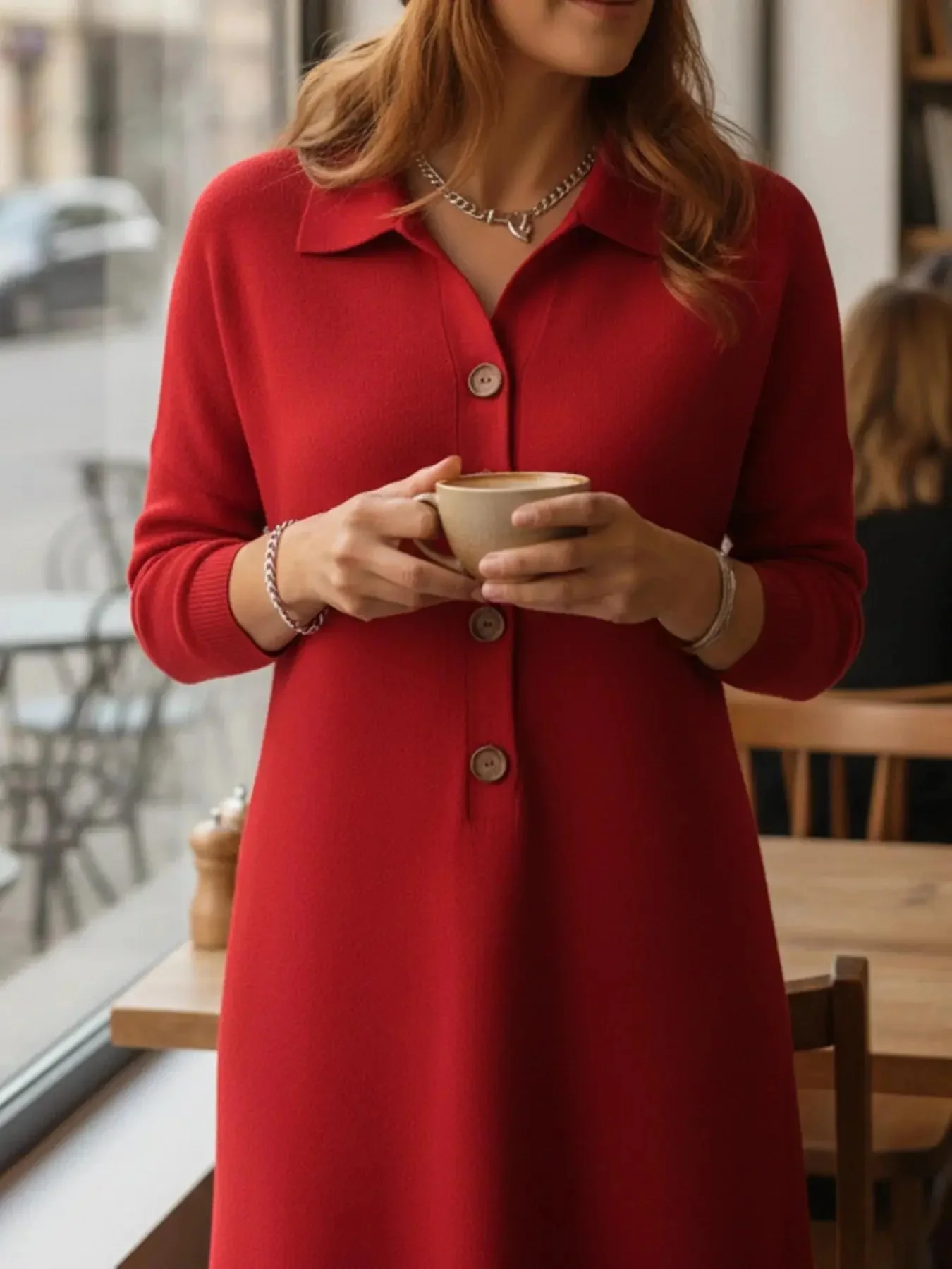 Women Plain Long Sleeve Autumn Dress Shawl Collar Daily Casual Maxi H-Line Dress
