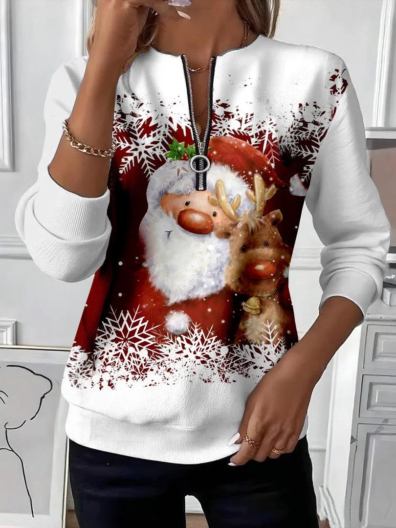 Women Santa Claus Crew Neck Printing Casual Spring/Fall Long Sleeve Sweatshirt